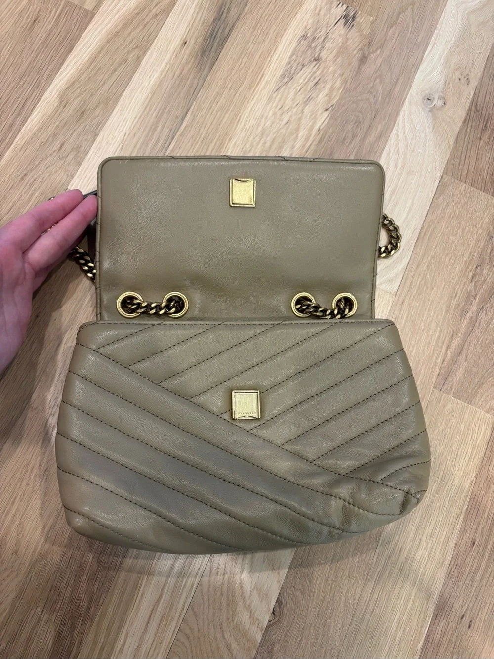 Tory Burch Kira Taupe Quilted Leather Chain Shoulder Bag